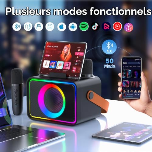 Detalle de Wowstar machine de karaoké portable avec 2 micros, Bluetooth et lumières disco