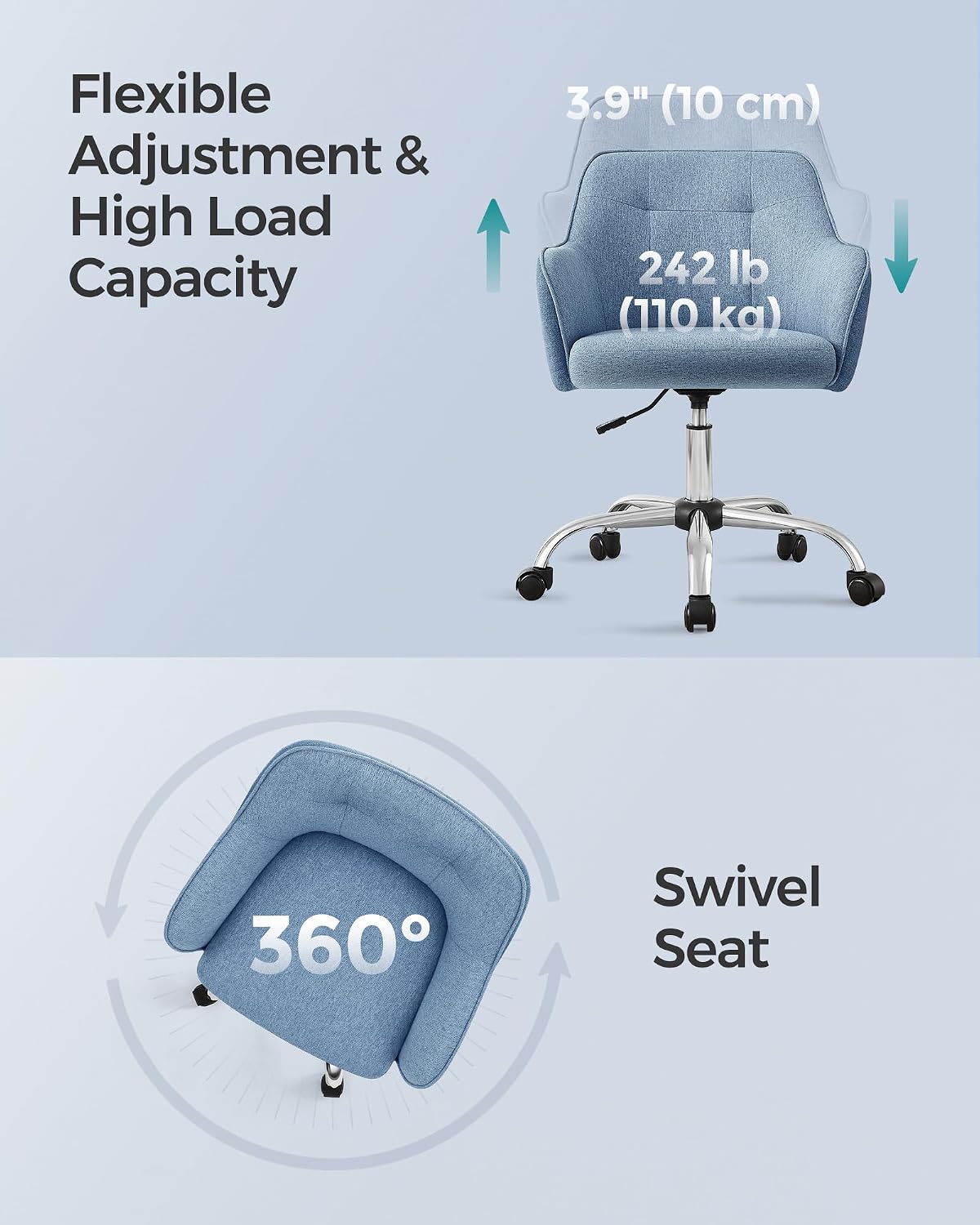 Thumbnail 6 de SONGMICS OBG019Q11 Ergonomic Swivel Office Chair, Misty Blue Fabric