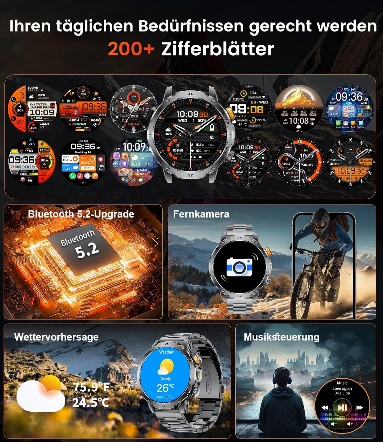 Thumbnail 6 de SUNKTA Smartwatch Militär 1,7 Zoll HD 1000 mAh