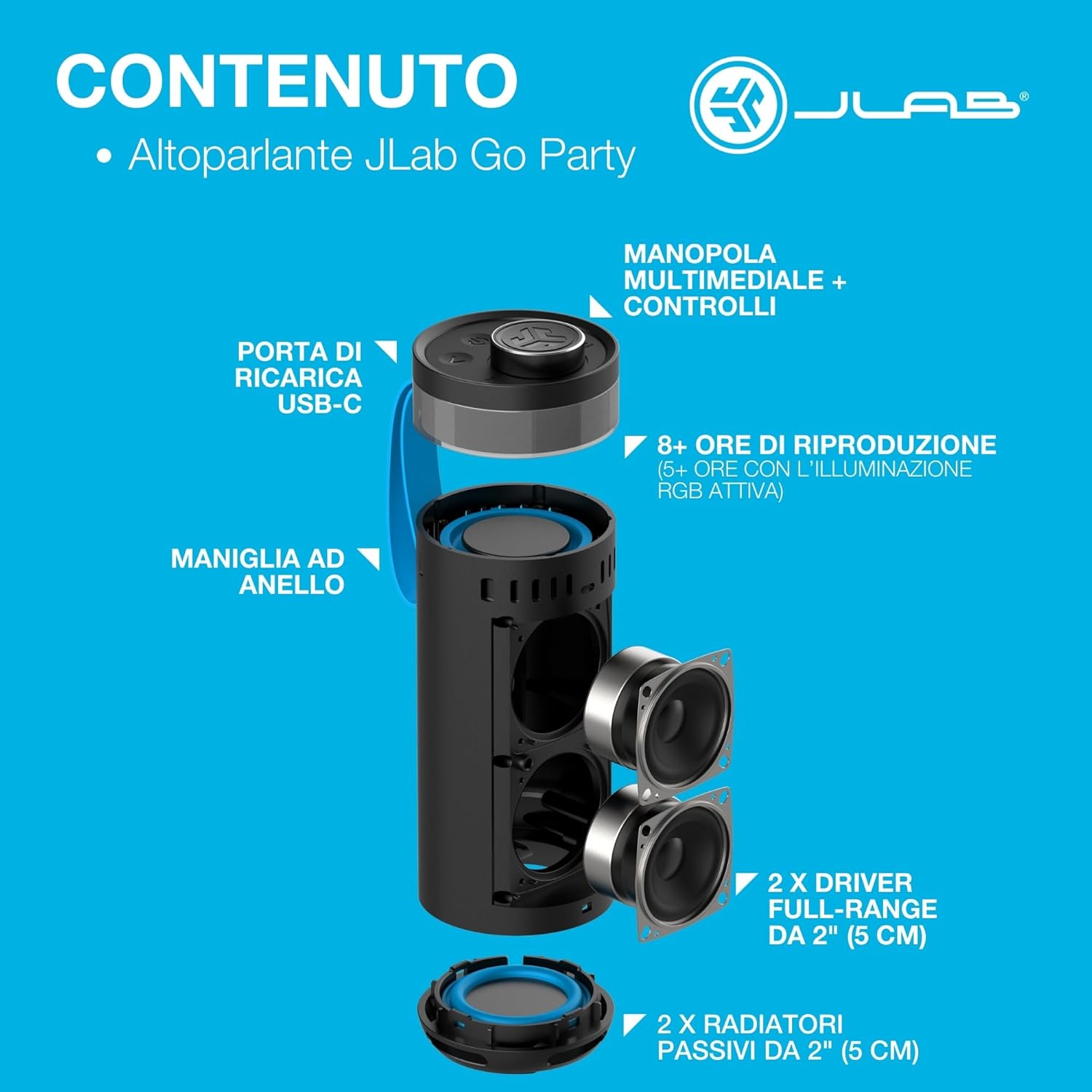 Thumbnail 6 de JLab Go Party cassa Bluetooth portatile da 10W con luci RGB e autonomia fino a 16+ ore (IP56) – Nero