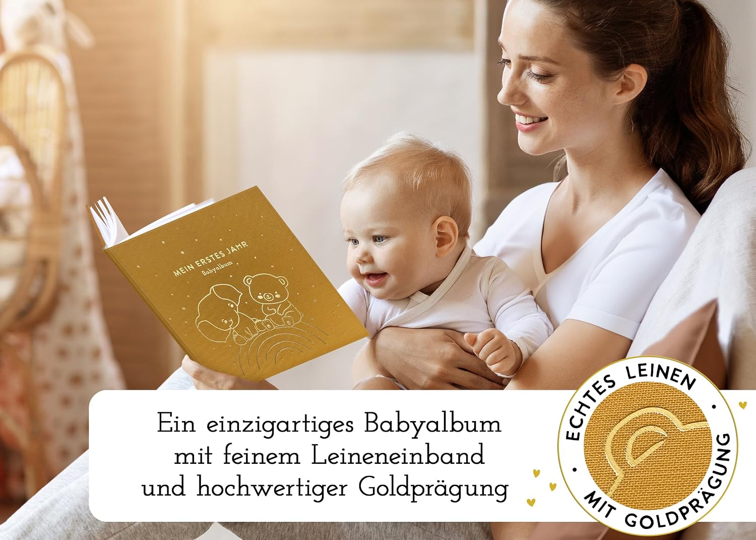 Thumbnail 1 de Herzthaler „Mein erstes Jahr“ Babyalbum Lino Gold (Leinenbuch) mit Goldprägung – 72 Seiten