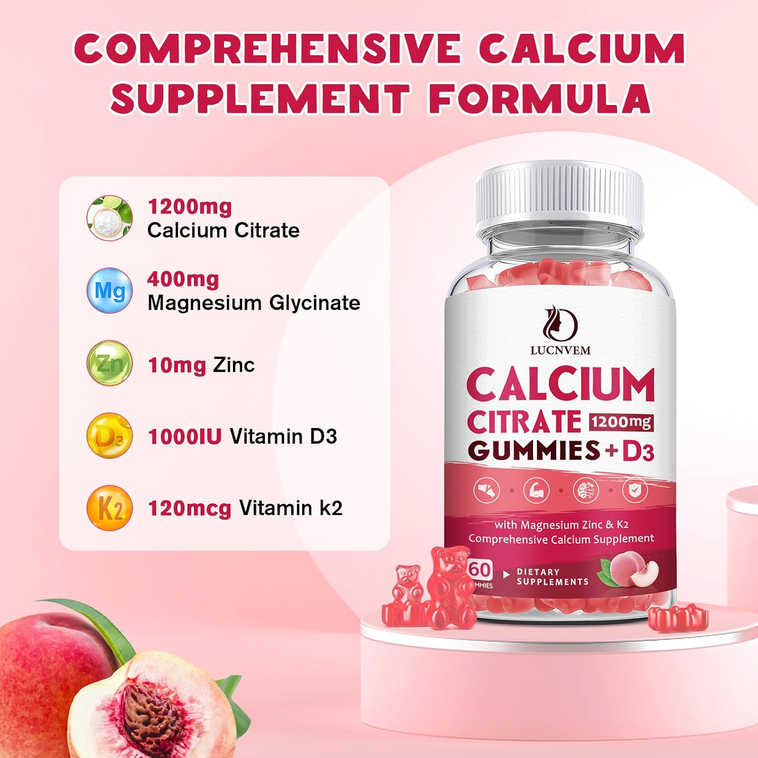 Detalle 2 de LUCNVEM Calcium Citrate Gummies, Peach Flavor with Vitamins D3 and K2