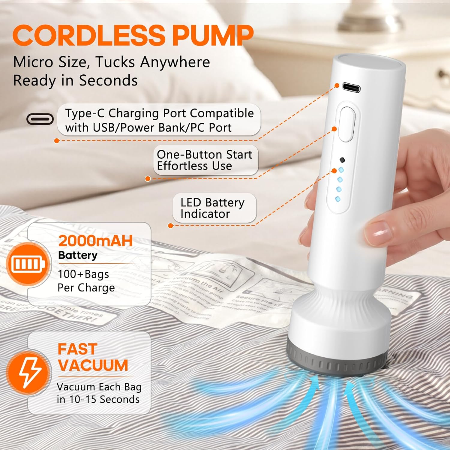 Detalle 2 de 15 Pack Vacuum Storage Bags for Travel with Rechargeable Cordless Pump — Space Saver Set