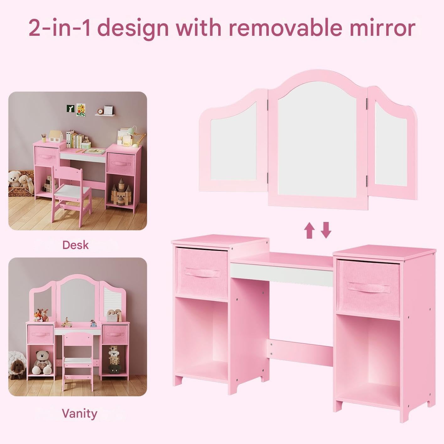 Thumbnail 3 de Clevich Kids Vanity Table and Chair Set — 2-in-1 Pink & White Princess Desk for Girls