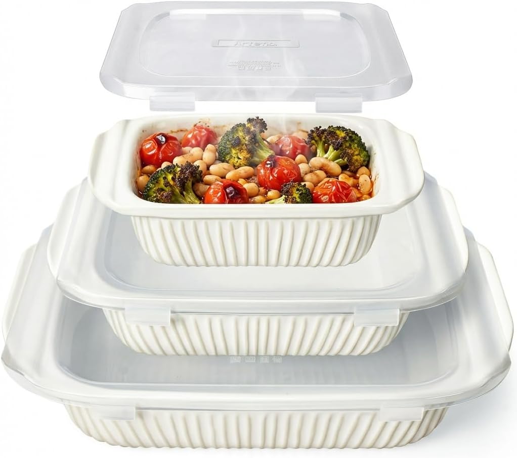 Artena ceramic casserole dishes set (3-piece) with lids for oven baking, lasagna pan with handles, white
