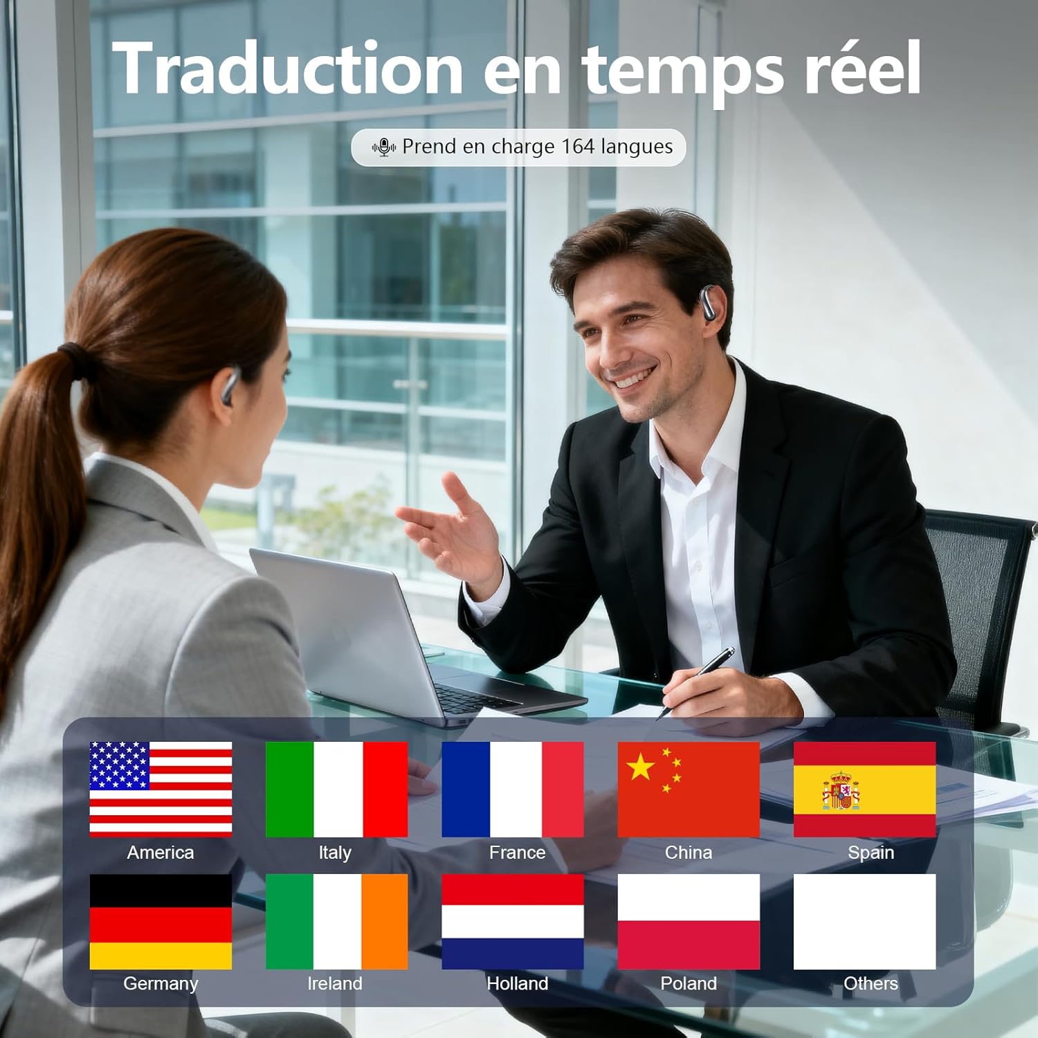 Thumbnail 4 de AI Instant Translator Casque 164 Langues — Écouteurs ouverts 4 en 1 pour musique, traduction et voyage
