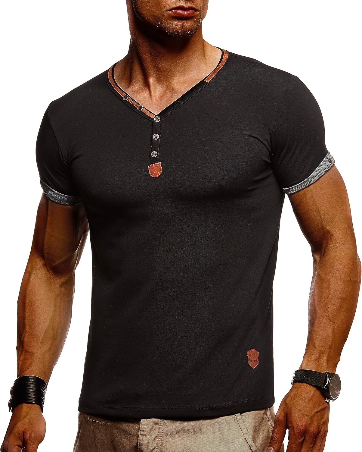 Detalle de Leif Nelson T-Shirt Uomo Estate Collo V – Maglietta Basic in Cotone, Taglio Regular Fit