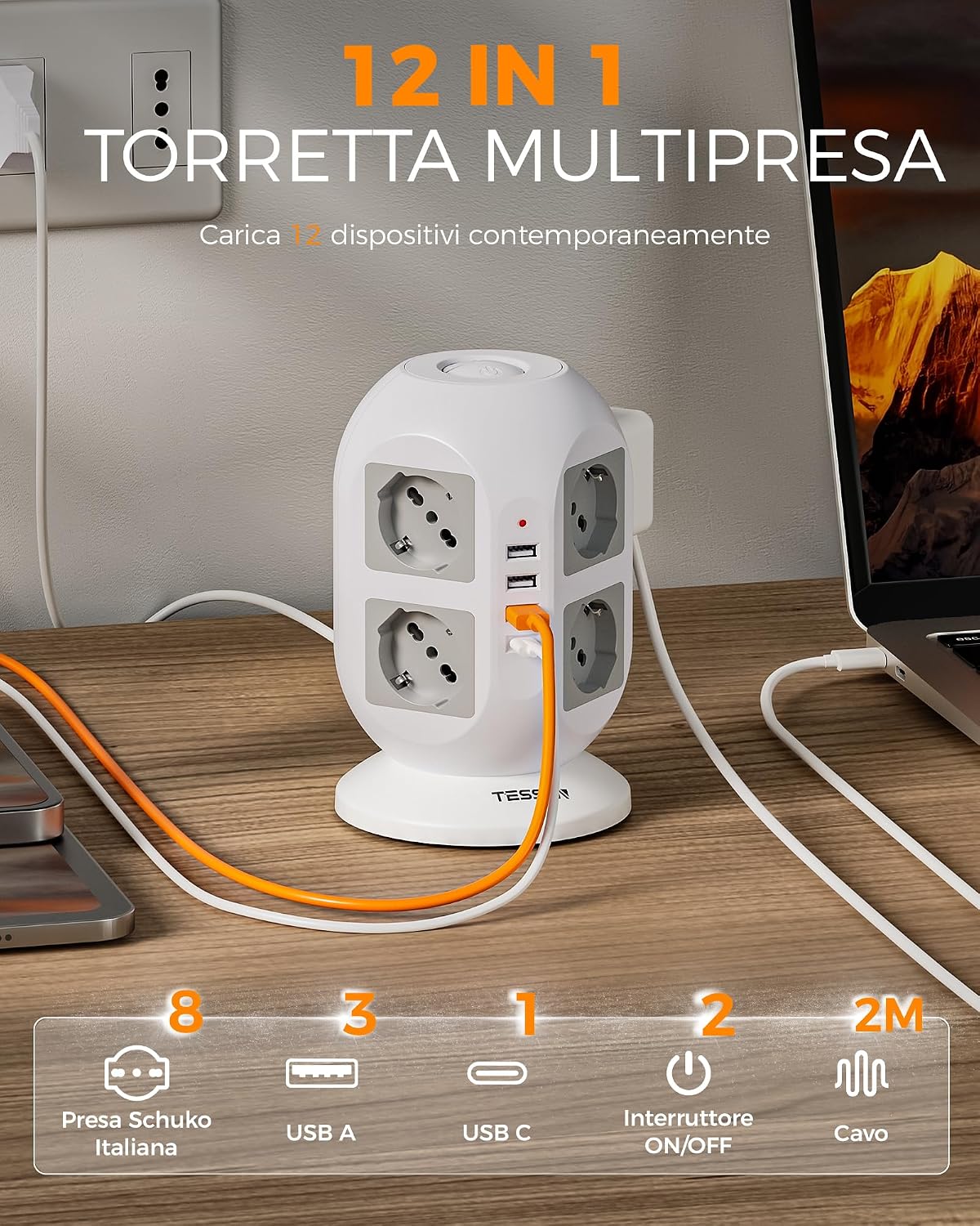 Detalle 2 de TESSAN Ciabatta multipresa 8 Schuko 2 m con 4 USB 🔌