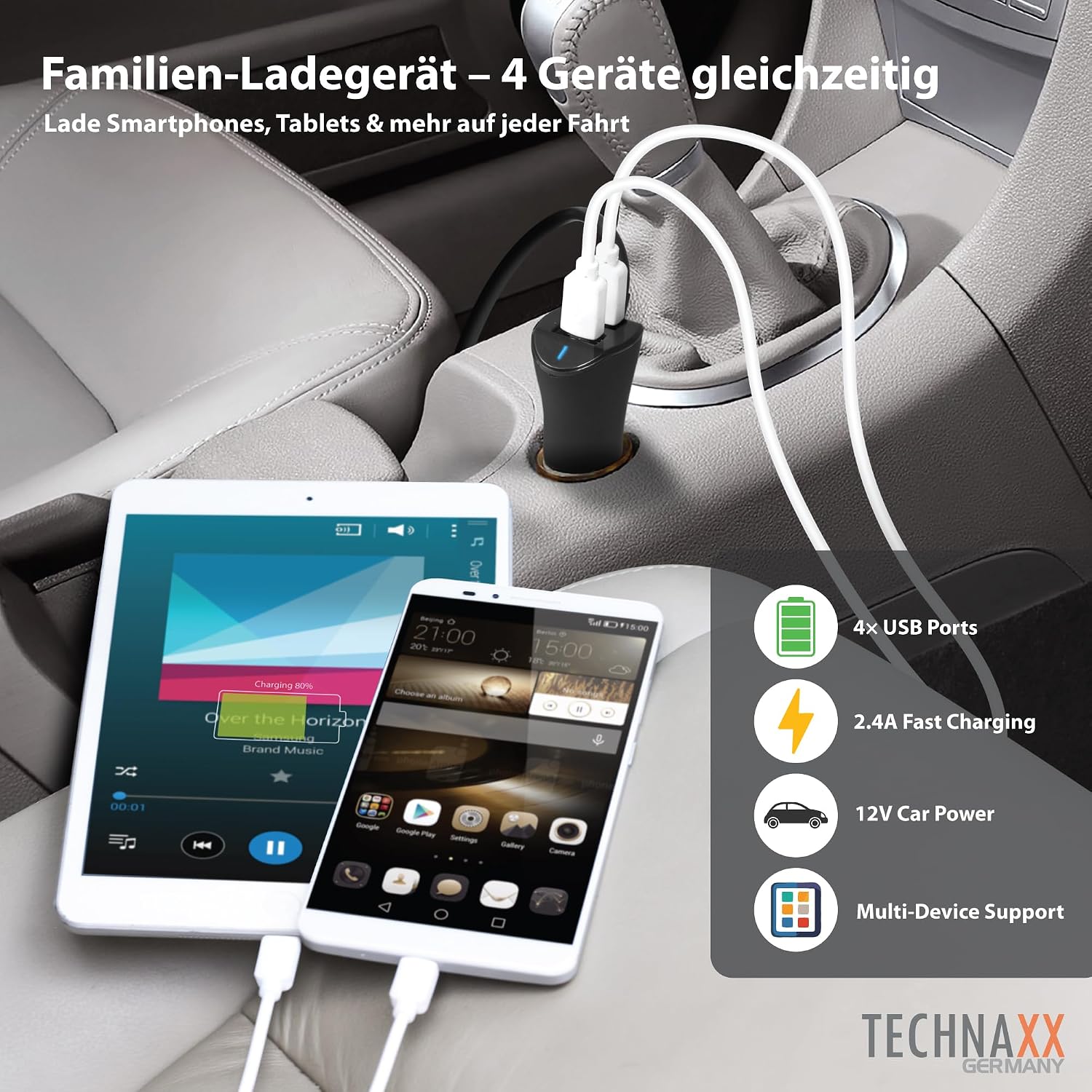 Detalle de Technaxx Family Car Charger 4x USB (TE14) – 4 Anschlüsse, 2,4 A pro Port, inkl. Clip-Kabel