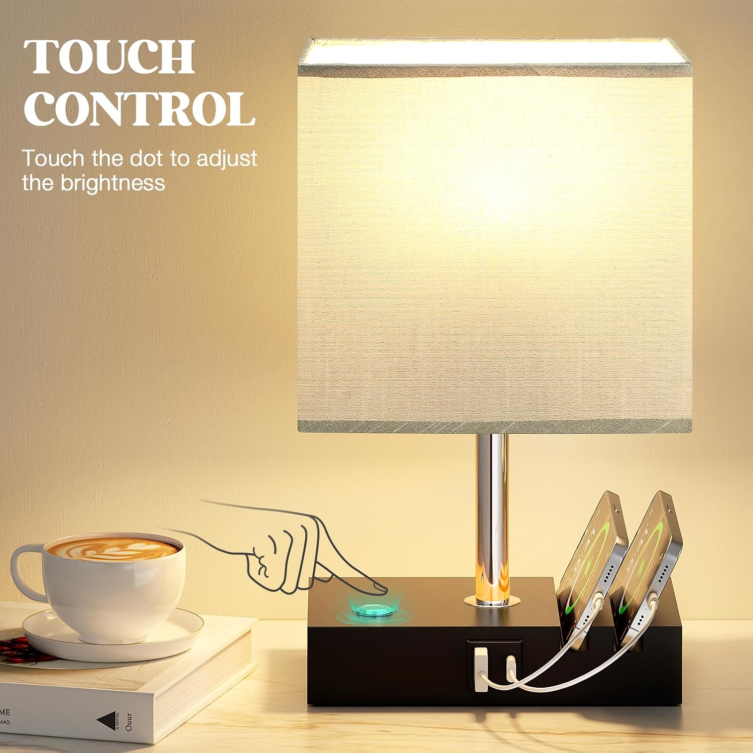 Detalle de PreeOtti Grey Touch Lamp with USB Charging Station – Table Lamp with 2 USB Ports