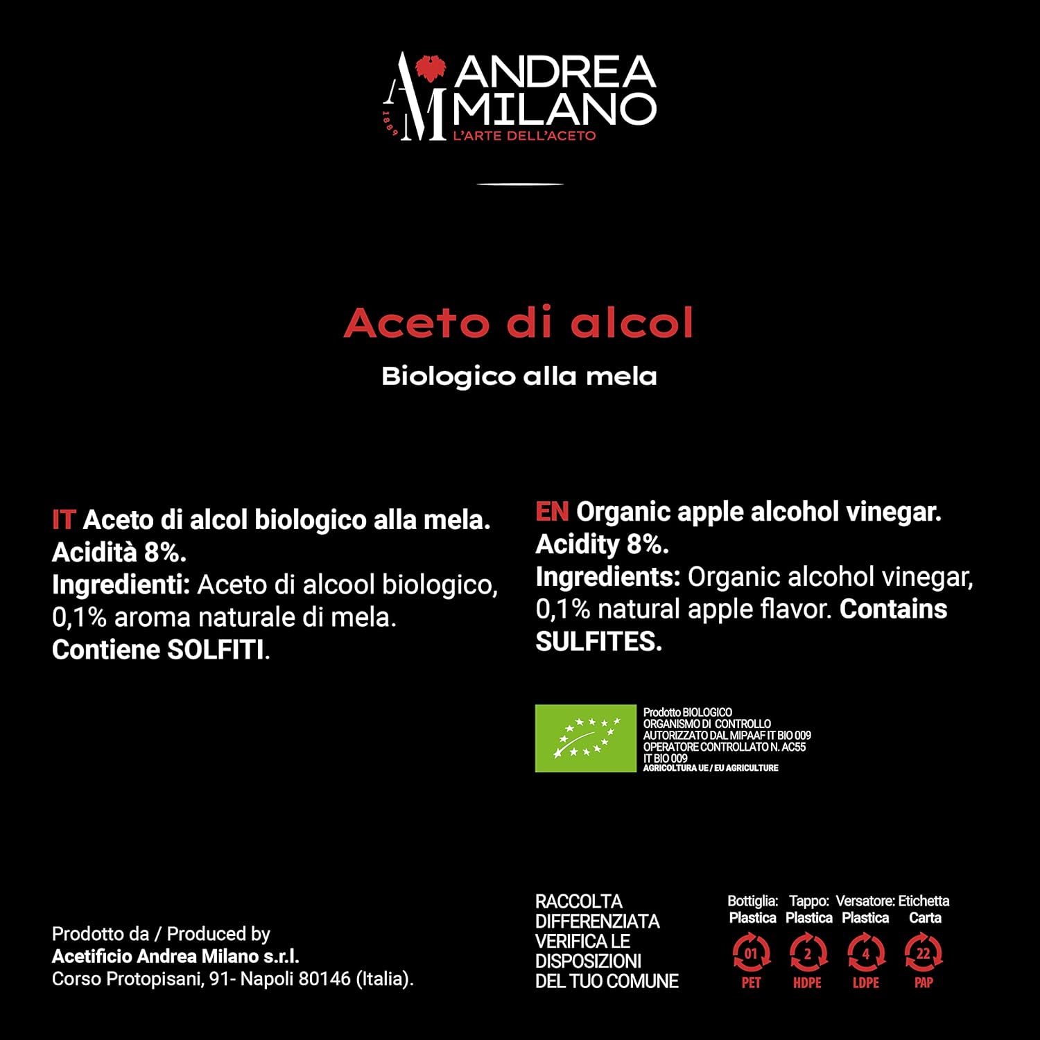 Detalle de Andrea Milano Splendi Aceto: Aceto di Alcool 100% Naturale aromatizzato alla mela, 12 bottiglie da 1 L