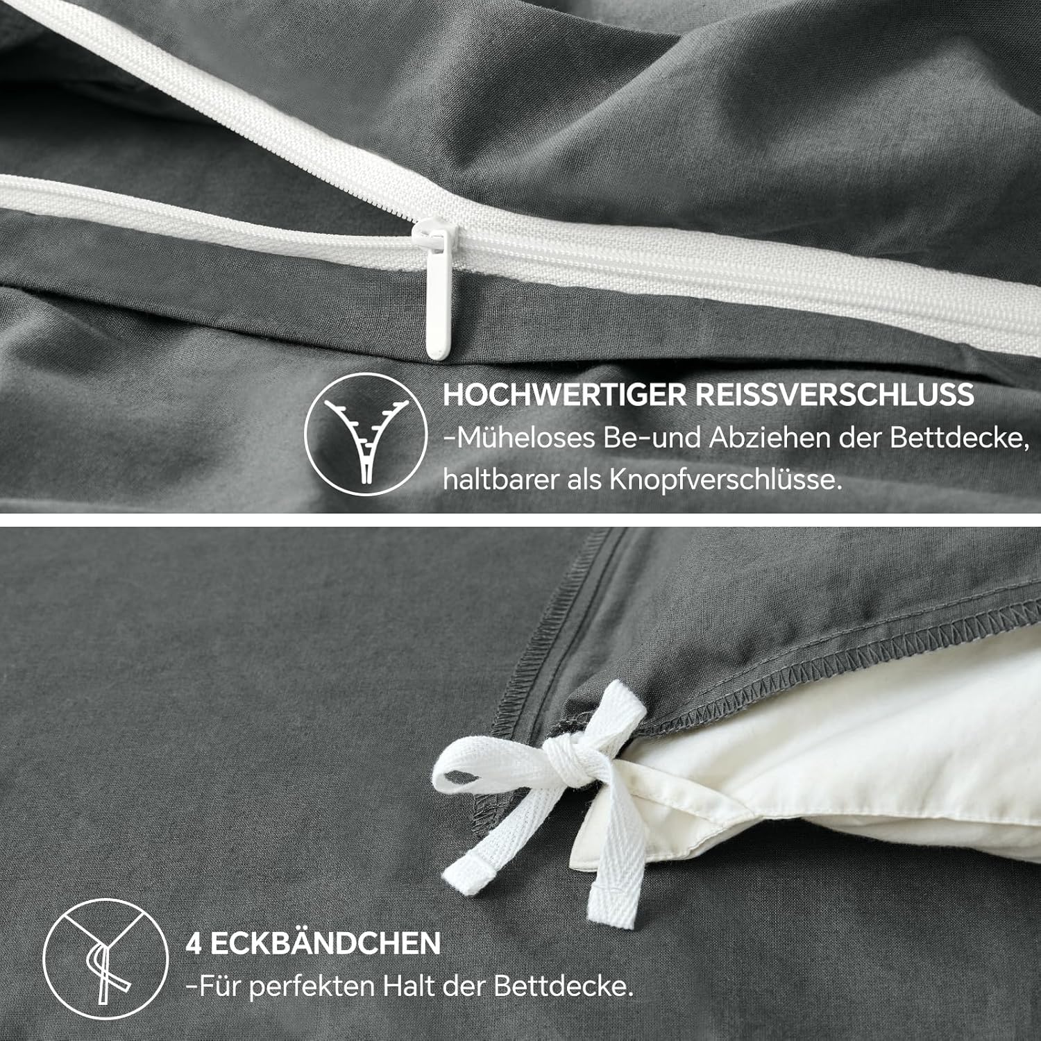 Thumbnail 5 de BEDELITE Bettwäsche 3-teiliges Set 200x220 cm aus Baumwolle – Grau/Anthrazit, Reißverschlüsse