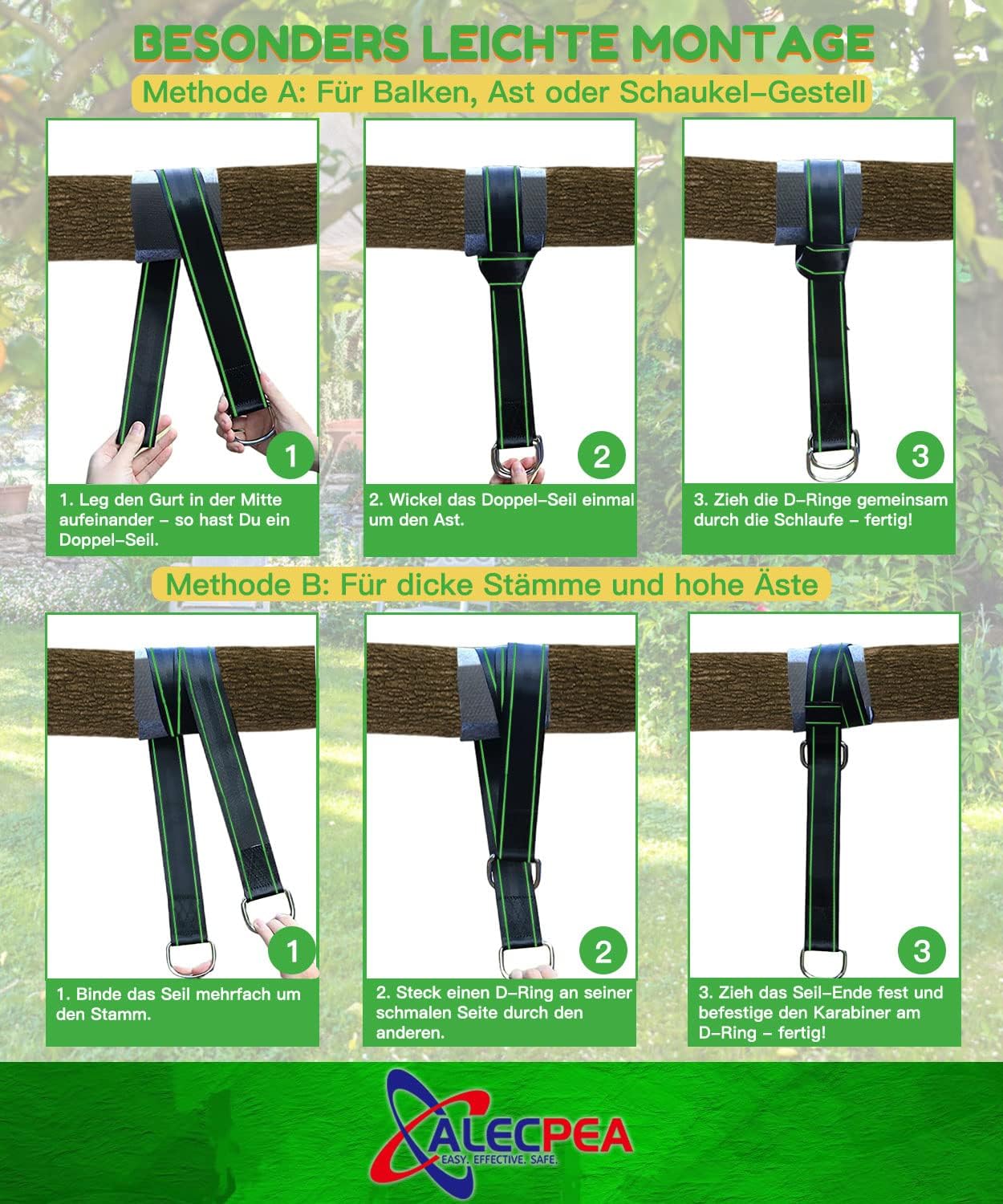 Detalle 2 de ALECPEA 2er-Set Schaukelbefestigung für Hängematten – Nylon-Gurte, Schwerlast-Karabiner und D-Ringe