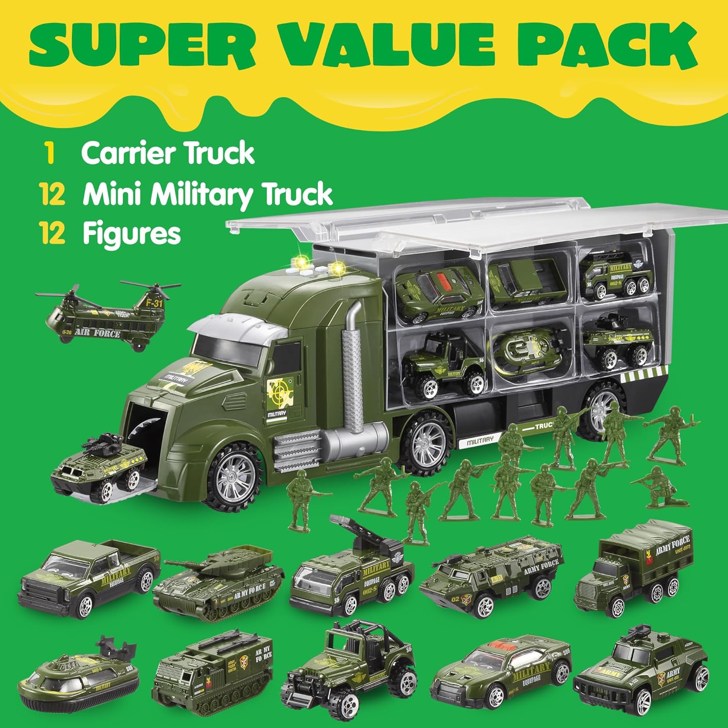 Detalle de JOYIN 25 in 1 Military Truck Army Vehicle Toy Set with Lights & Sounds and Soldier Figures