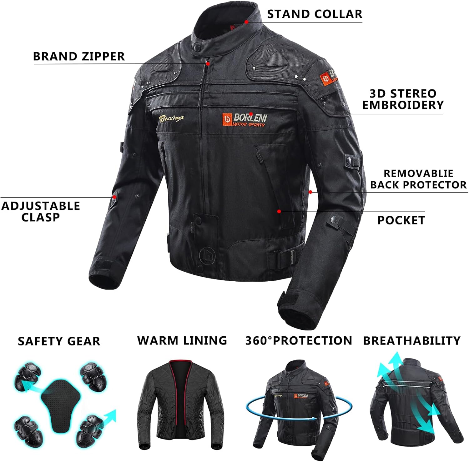 Thumbnail 4 de BORLENI Motorradjacke Herren Winddicht XXL