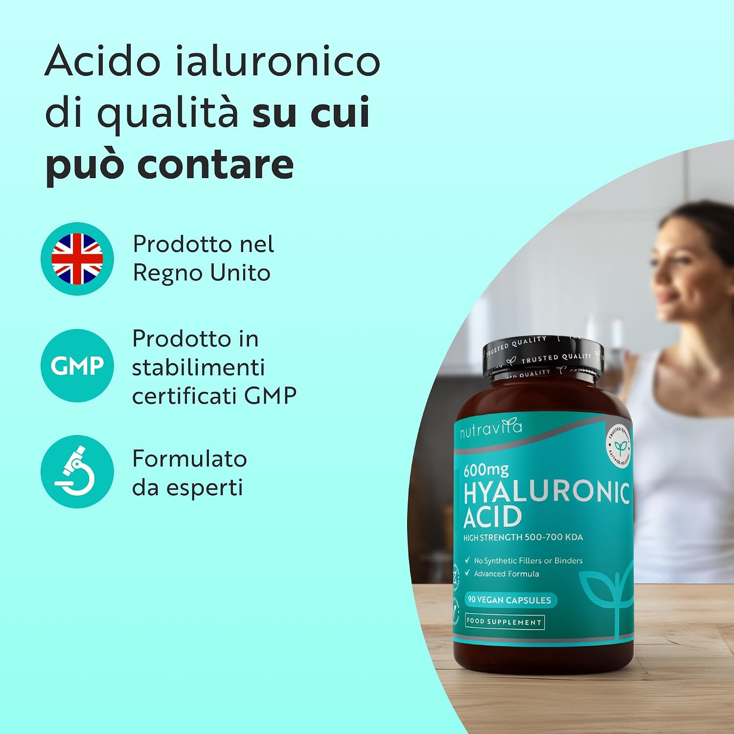 Detalle de Nutravita Acido Ialuronico in Capsule – Fornitura di 3 mesi, 600 mg (500-700 kDa) vegan e senza allergeni