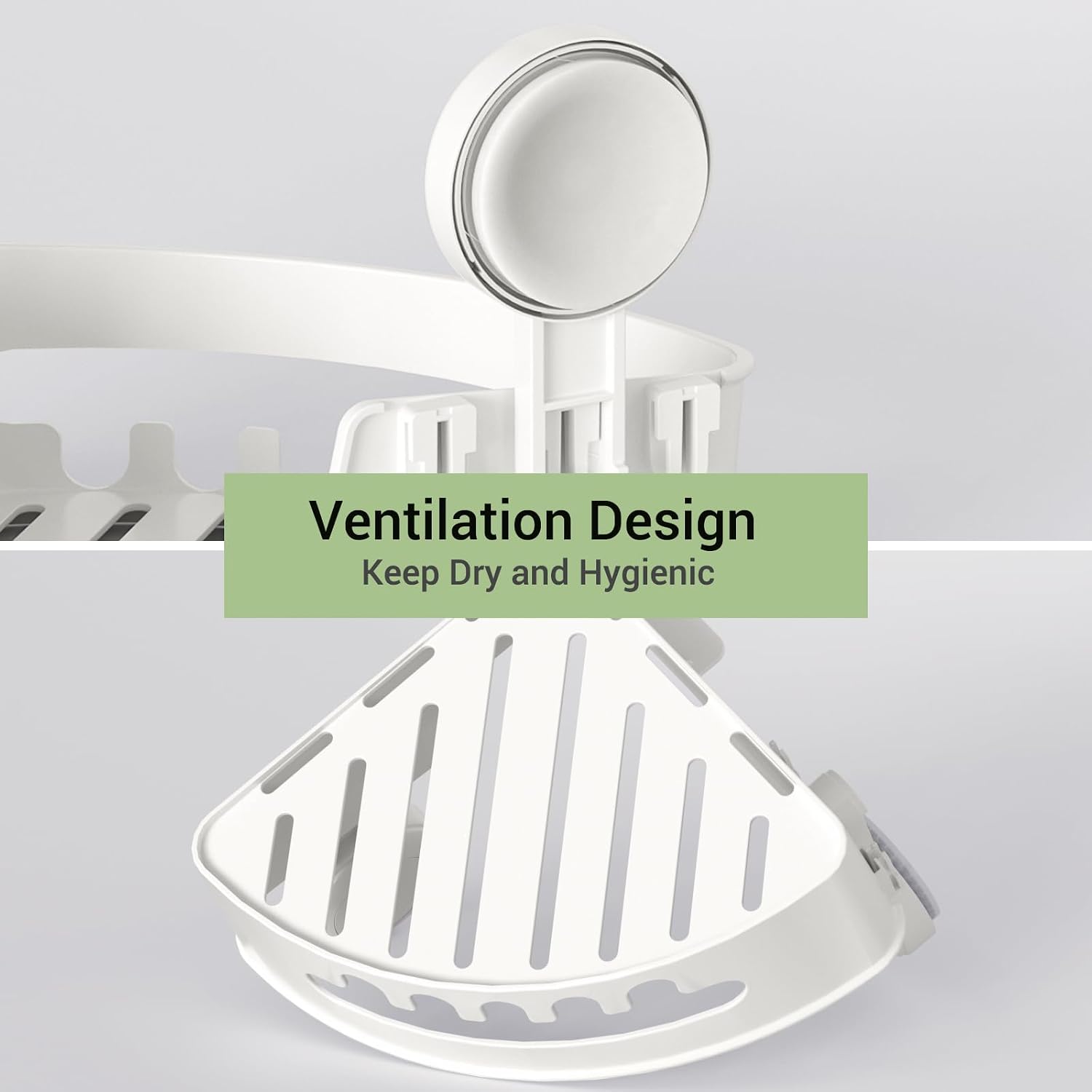 Detalle 2 de ilikable Corner Shower Caddy Vacuum Suction Cup Organizer (Milky White) – No Drilling, Removable Shelf with Hooks