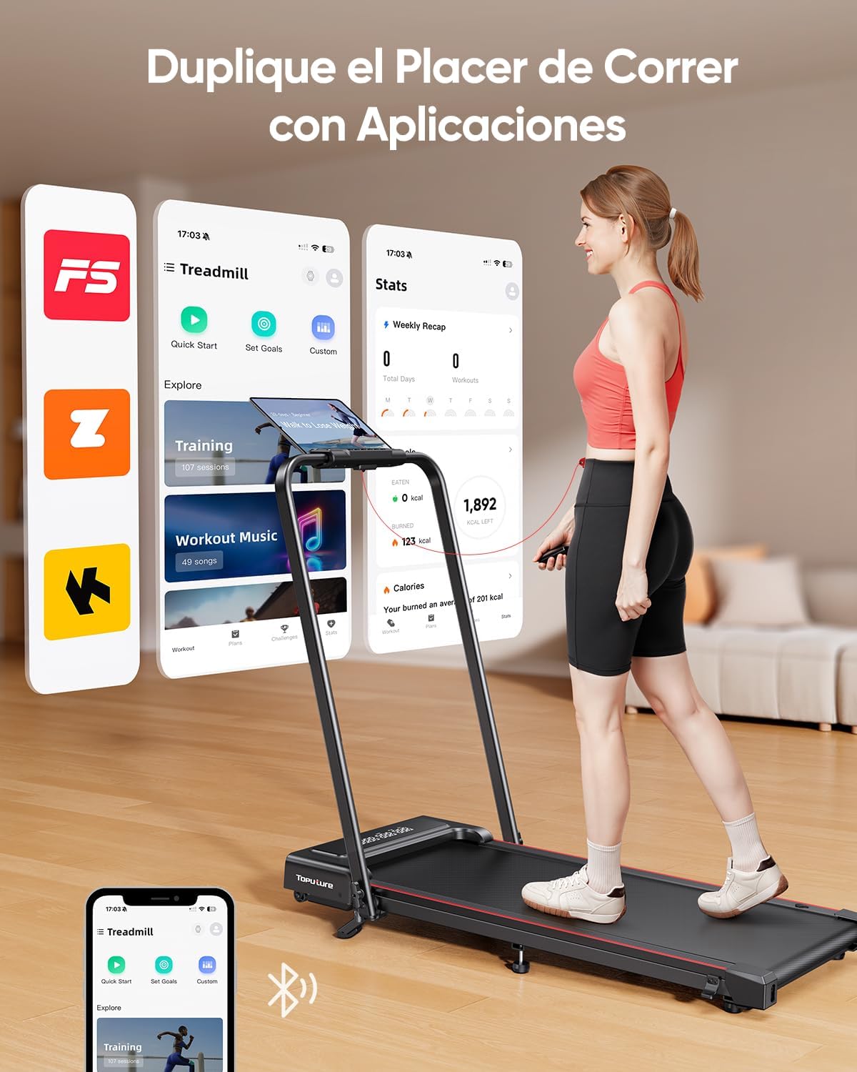 Detalle 2 de Tapis de Course 4-en-1 TOPUTURE: incline 9%, 12 km/h, pliable et silencieux pour bureau à domicile