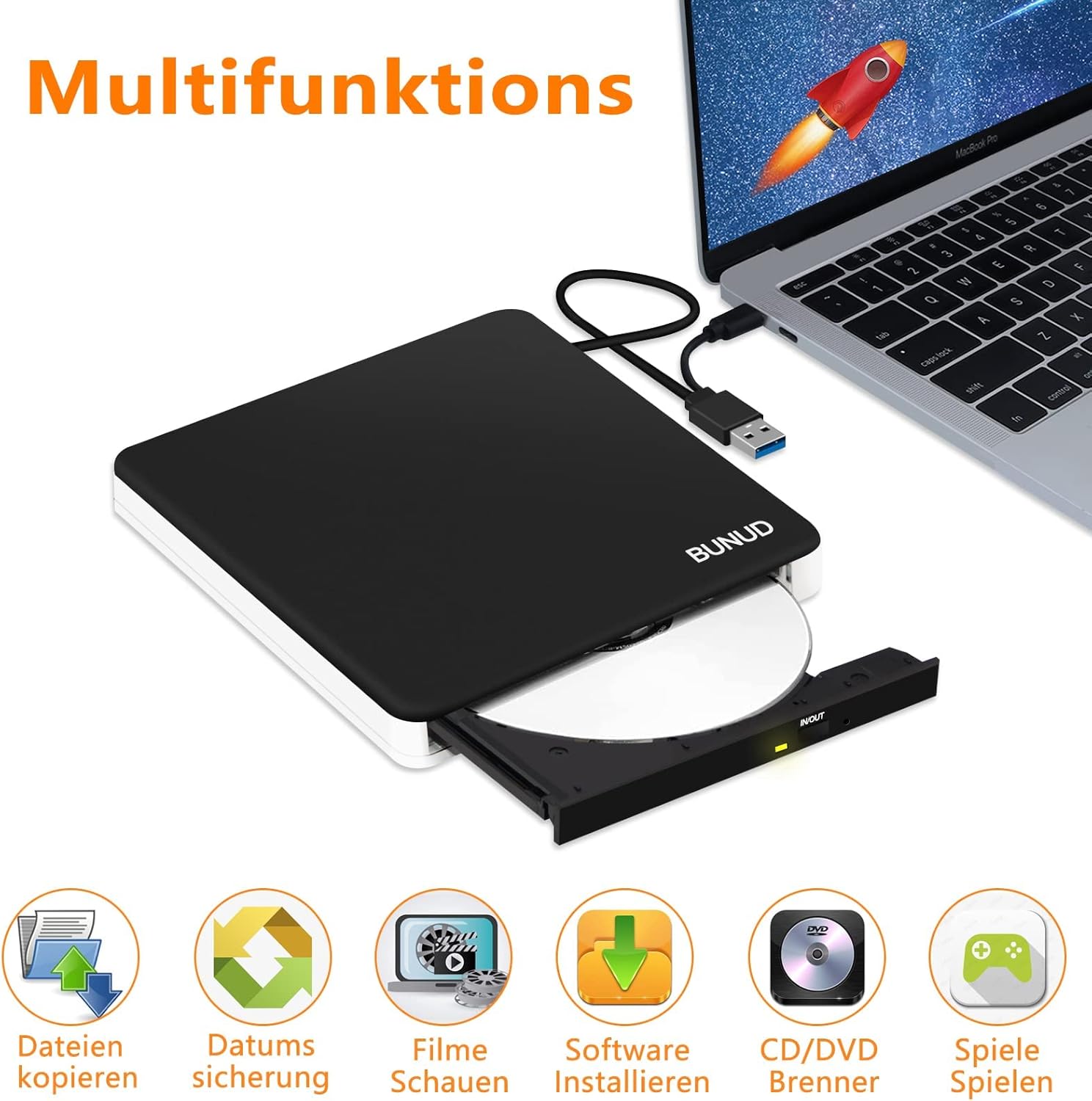 Thumbnail 4 de BUNUD Externes 5-in-1 DVD-Laufwerk für Windows 11 (USB 3.0 / USB-C, SD/TF, CD/DVD Brenner & Player)