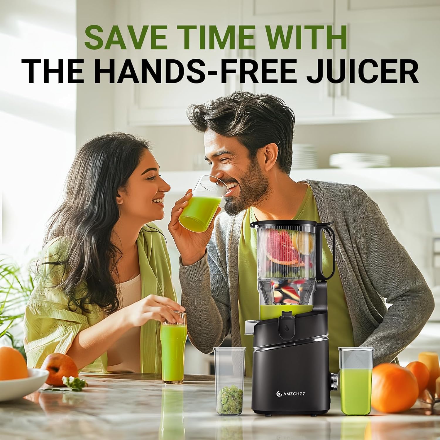 Detalle 1 de AMZCHEF Automatic Cold Press Juicer Machine (250W) with 145mm Chute and 2L Capacity, Triple Filter, Safety Lock