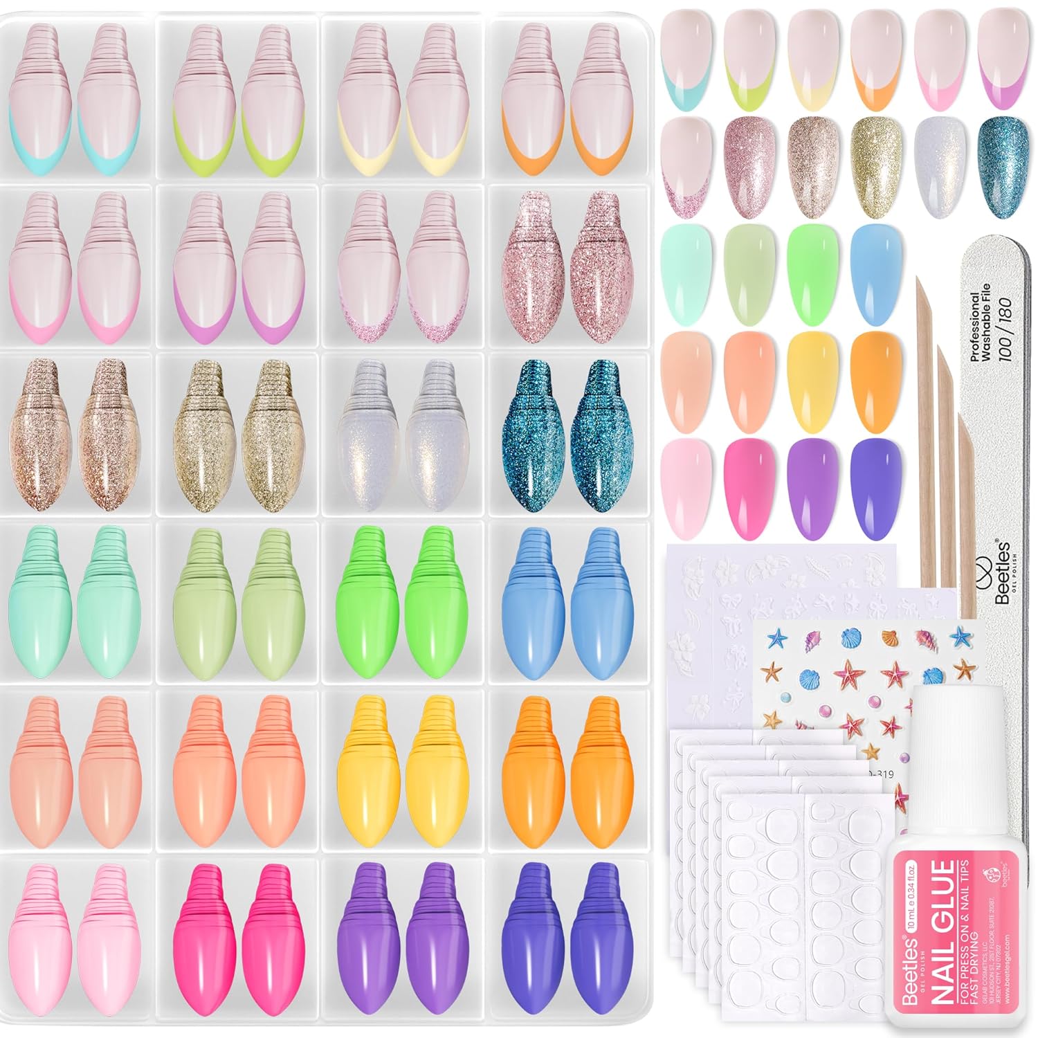 Detalle de Beetles PP036 Chromatic Reverie Press-On Nails Kit, 24 Colors, Short Almond