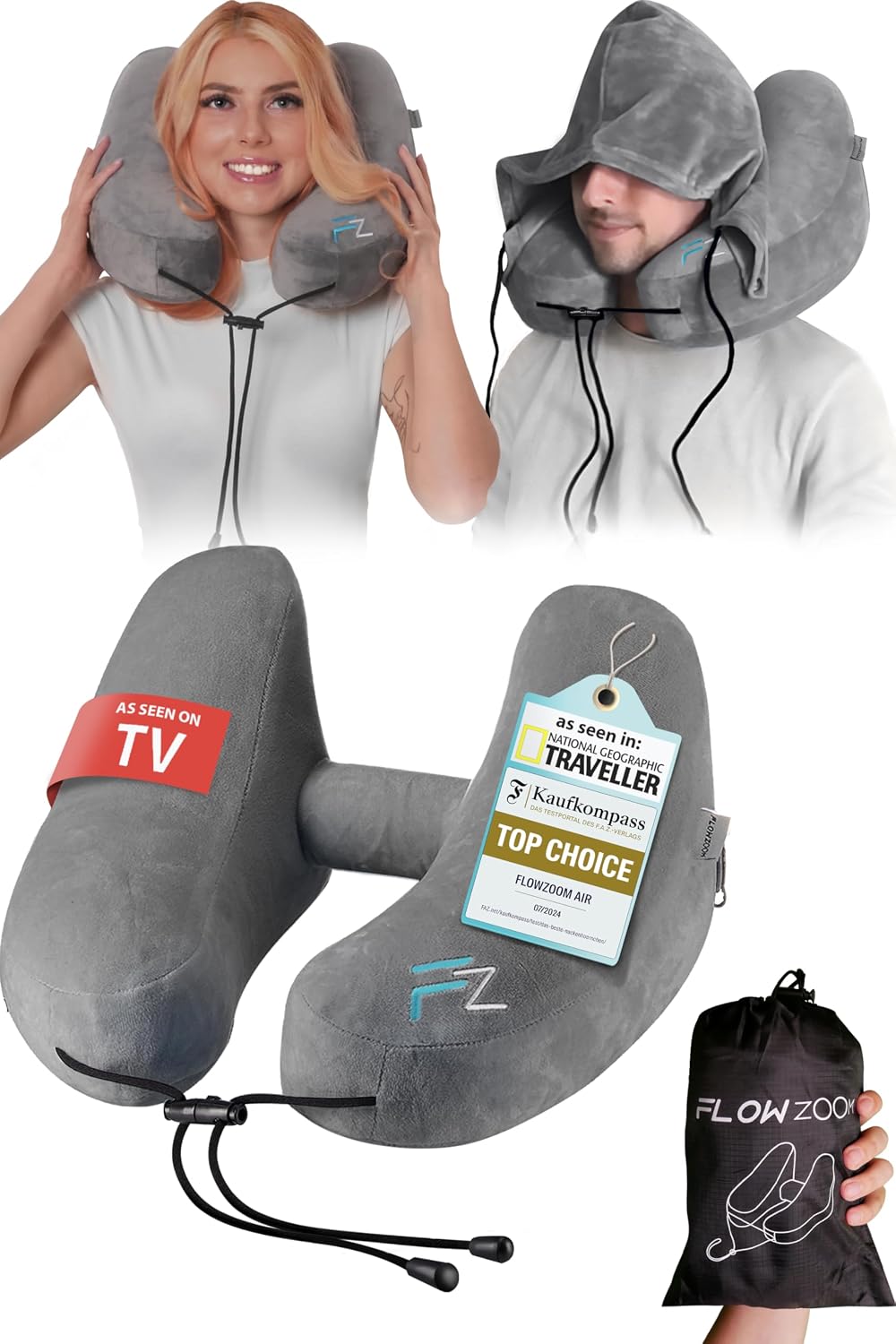 Detalle de FLOWZOOM AIR L - GY1 Inflatable Travel Pillow, Grey Size L with Hood