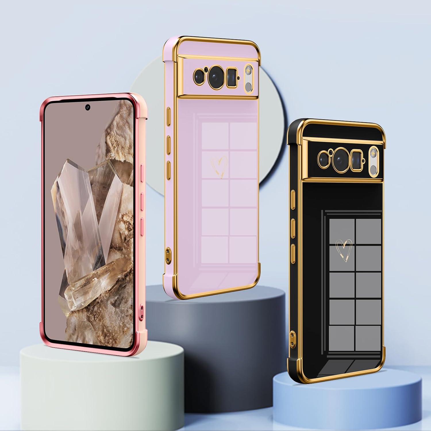 Thumbnail 5 de ZTOFERA Hülle für Google Pixel 8 Pro – weiche Silikon-Handyhülle mit Herzmuster und goldener Kante