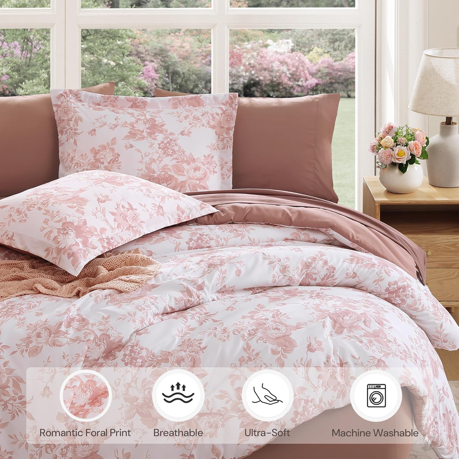 Thumbnail 1 de BLOOMHAVEN Queen Comforter Set — 7-Piece Pink Floral Bedding Ensemble