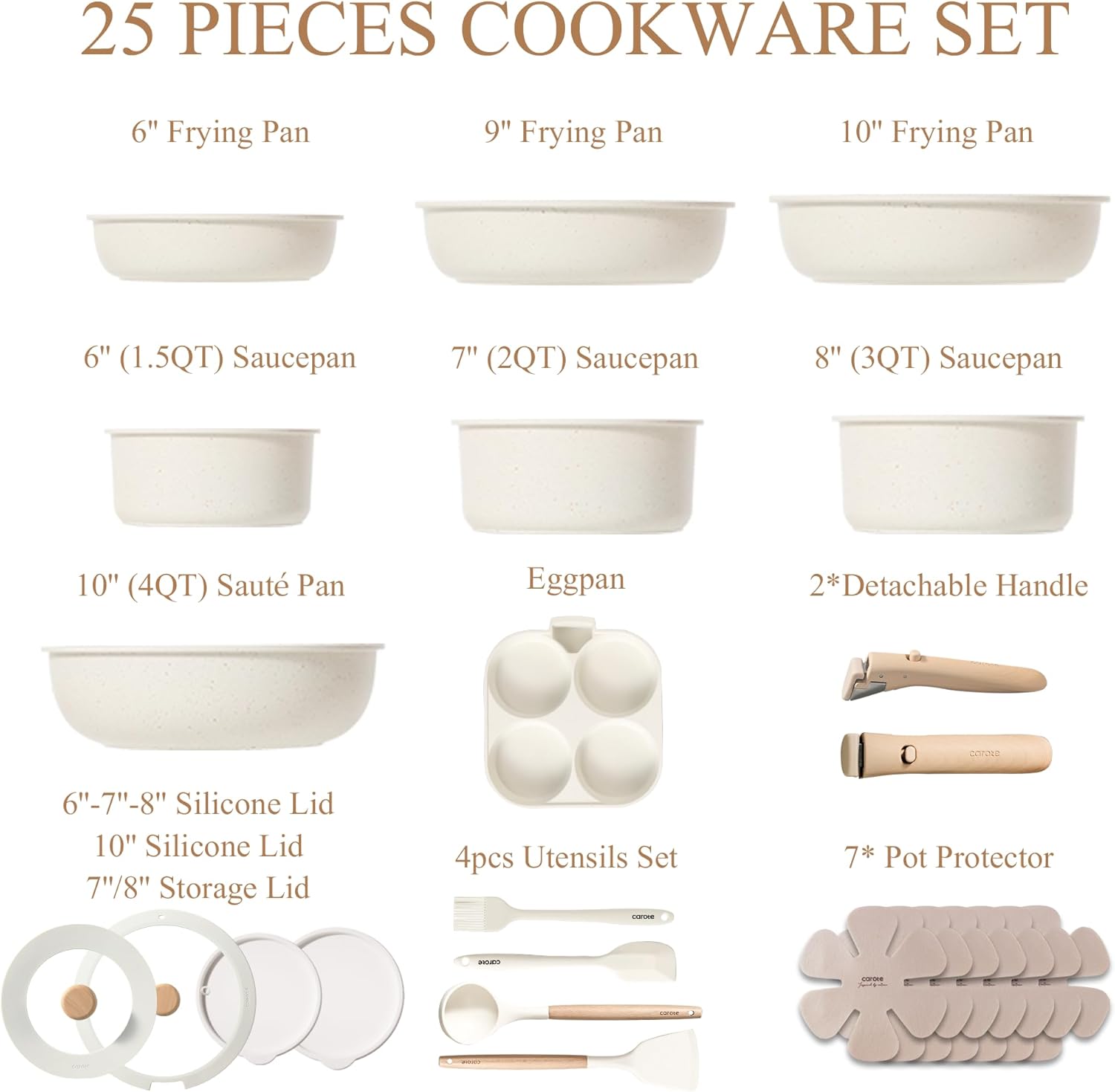 Thumbnail 1 de CAROTE Detachable Handle Nonstick Pots and Pans Set (Cream) — Space-Saving Cookware Collection for Induction, Oven & Dishwasher