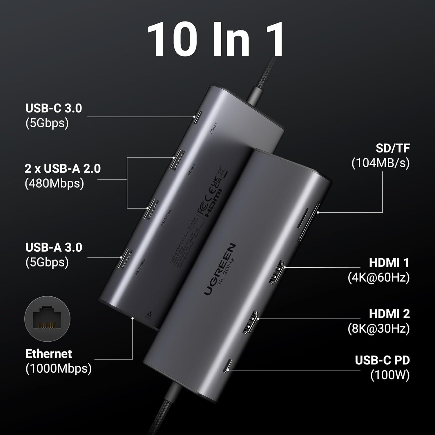Thumbnail 1 de UGREEN Revodok Pro 210 Docking Station USB-C 10 in 1 con doppio HDMI, Ethernet gigabit, SD/TF e Power Delivery 100W