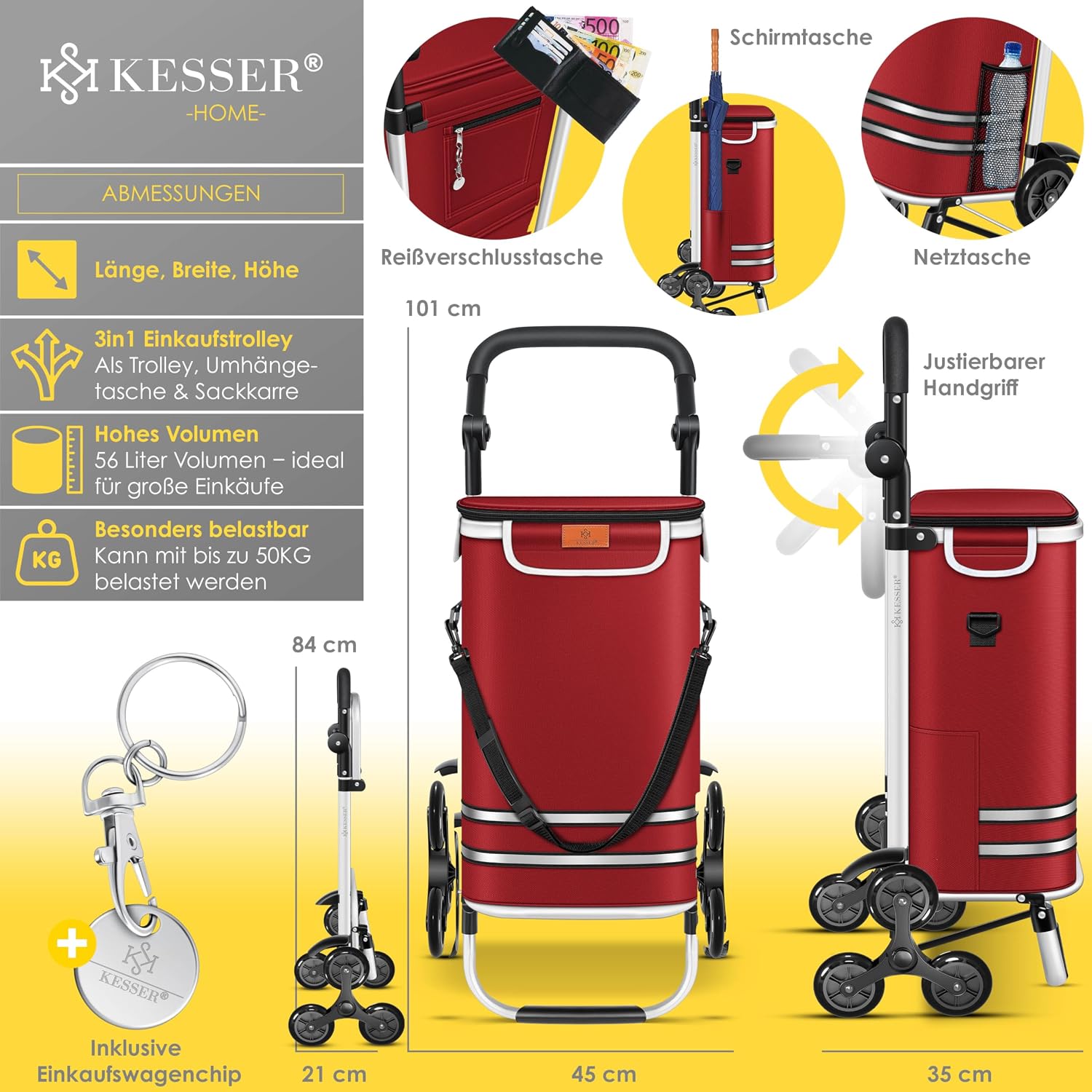 Thumbnail 6 de KESSER® Einkaufstrolley Treppensteiger mit Kühlfach, klappbar (56 l, bis 50 kg) – 3in1 Trolley & Umhängetasche, Bordeaux