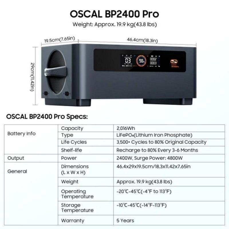 Detalle 2 de Batería modular OSCAL BP2400 Pro 2016Wh LiFePO4 — expansión modular hasta 10 módulos PowerMax
