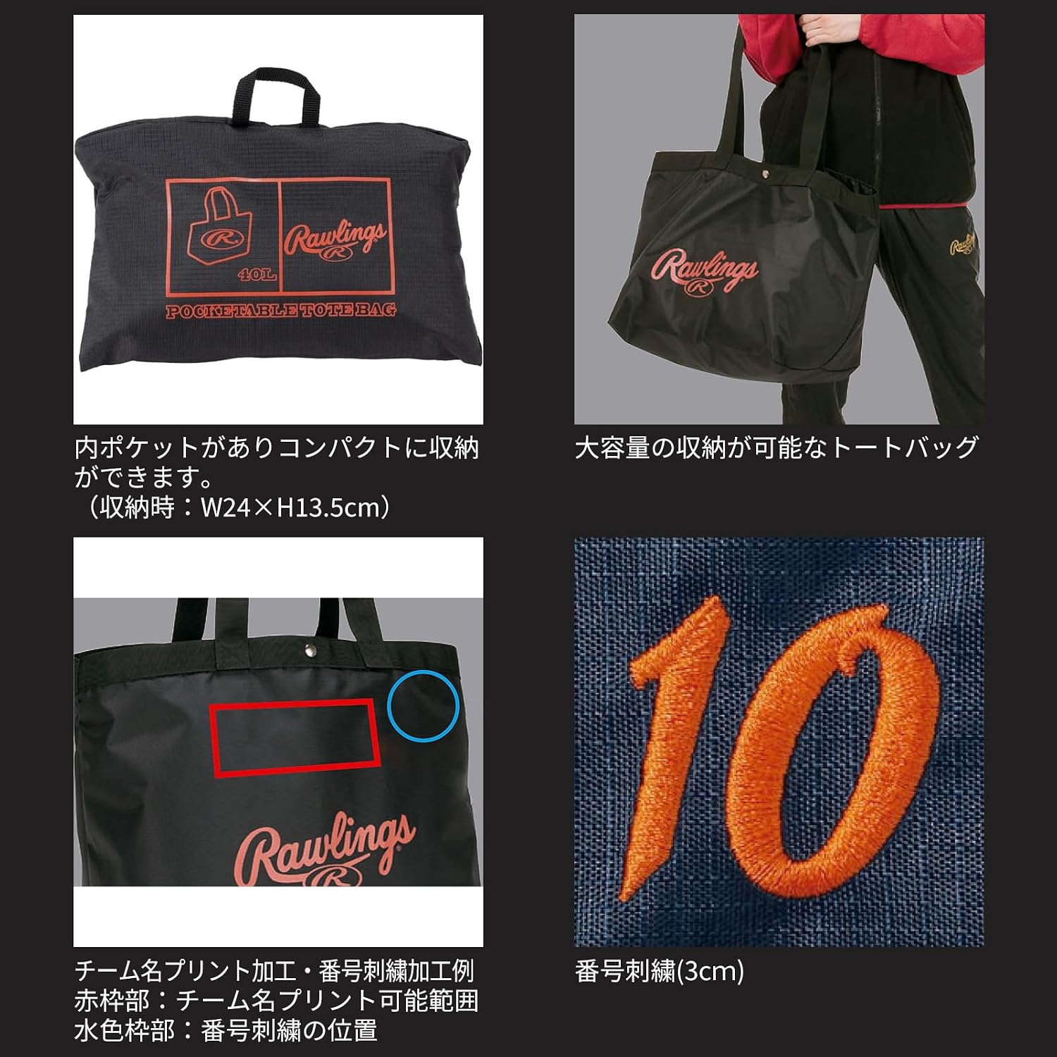 Detalle 2 de Rawlings(ローリングス)EBP12S07 本気のサブバッグ 40L ポケッタブルトート ネイビー/ダークオレンジ