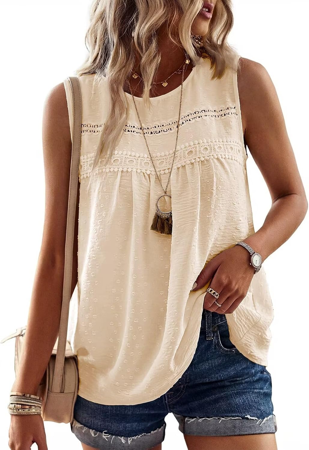 Thumbnail 6 de Falechay Womens Summer Tops Boho Crochet Lace Crewneck Sleeveless Tank