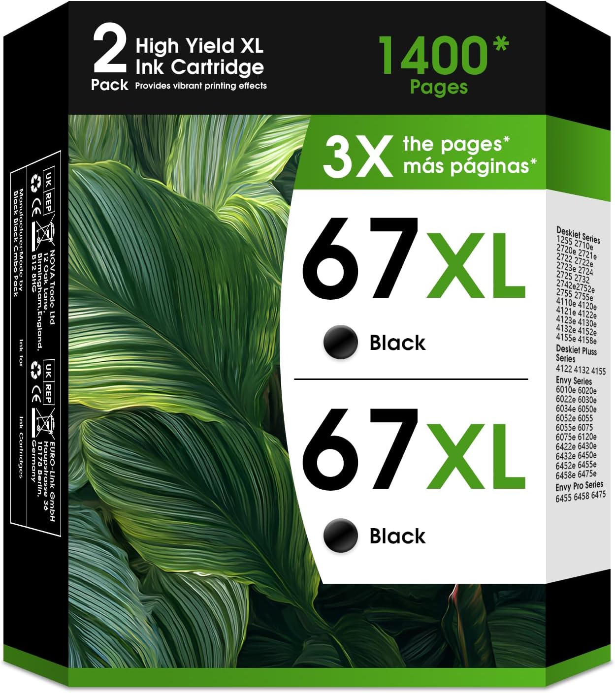 Detalle de JYZBRW 67XL Black Ink Cartridge 2-Pack, Remanufactured for HP Printers