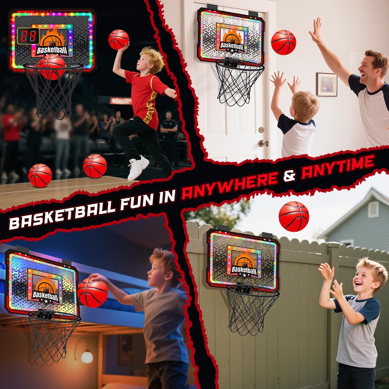 Thumbnail 6 de VATOS Canestro da basket interno per bambini: luci LED, suoni e tavola da appendere alla porta