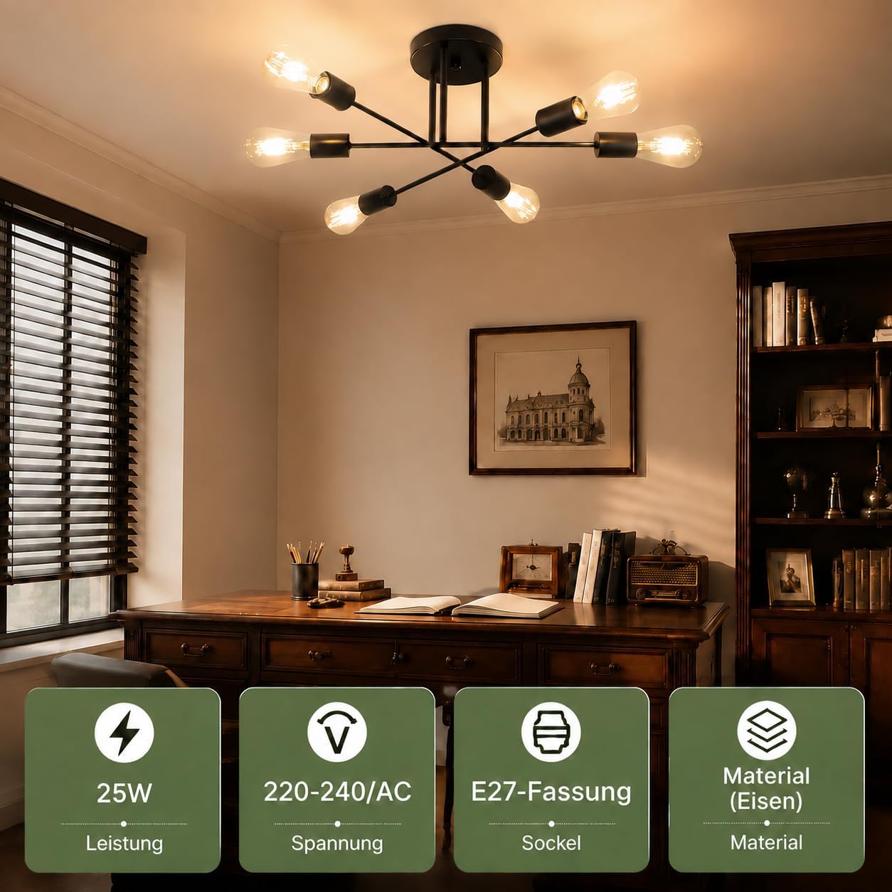 Detalle 2 de CBJKTX G9-BSD – czarna lampa sufitowa, 6 oprawek E27, metalowa