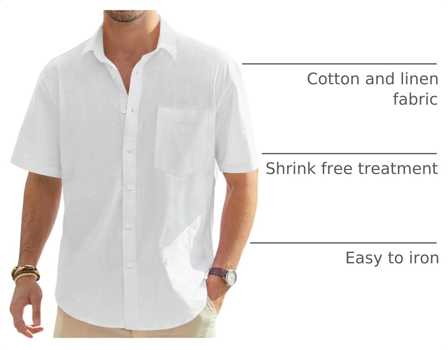 Detalle 2 de J.VER Men’s Linen Short Sleeve Button-Down Shirt with Pocket (Cotton-Linen Casual, Lightweight)
