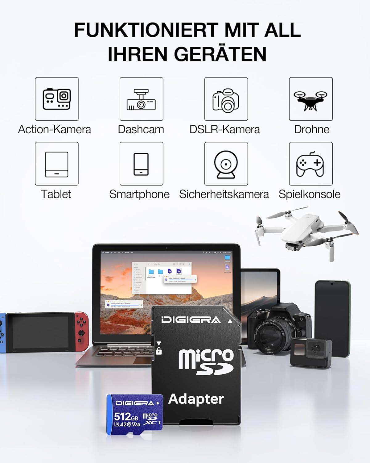 Detalle de 512 GB LT100 microSDXC UHS-I Speicherkarte mit Adapter – bis zu 170 MB/s