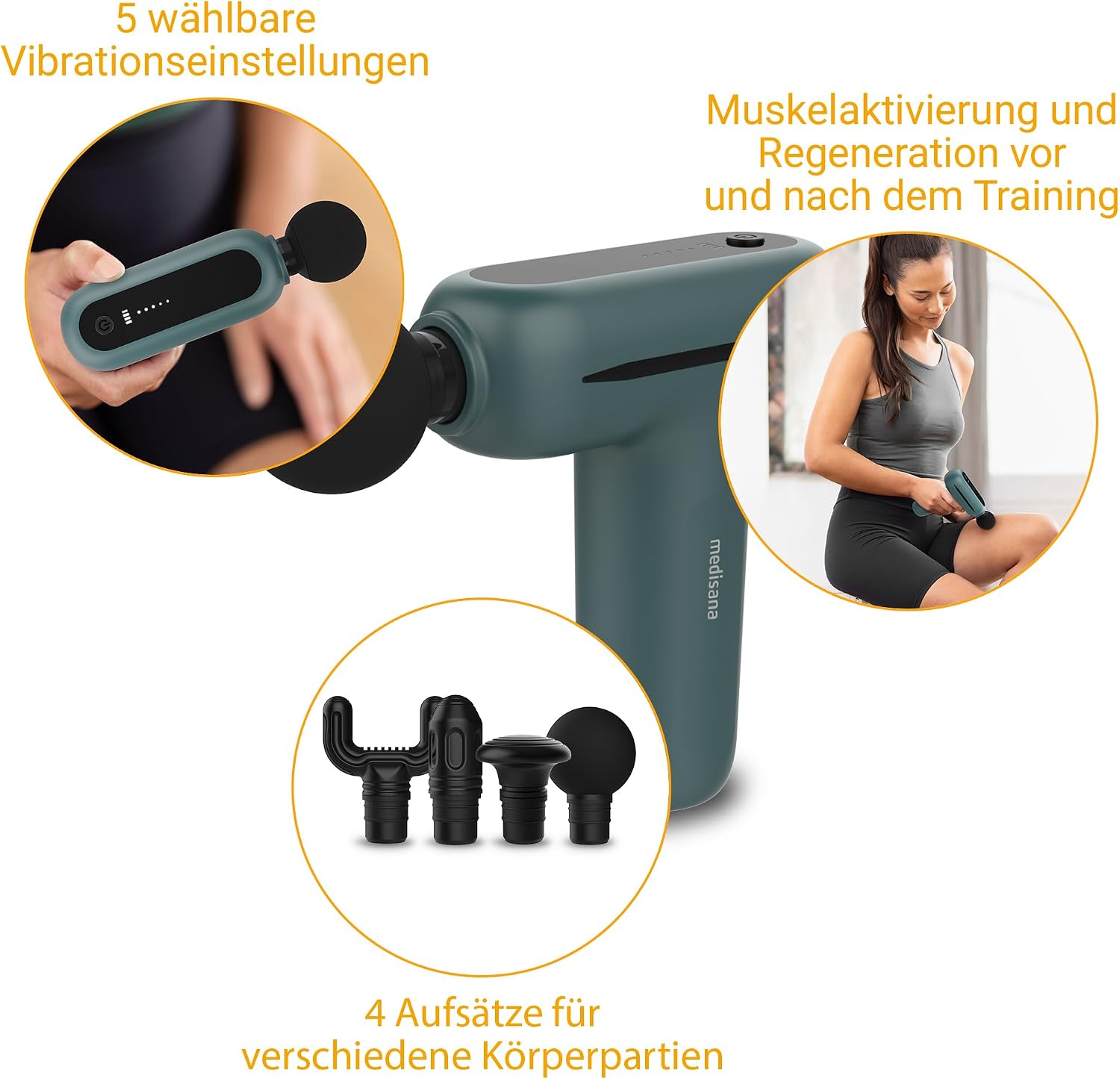 Detalle de Medisana MG 200 Massagepistole mit Smart-Modus, 4 Aufsätzen und 5 Intensitätsstufen