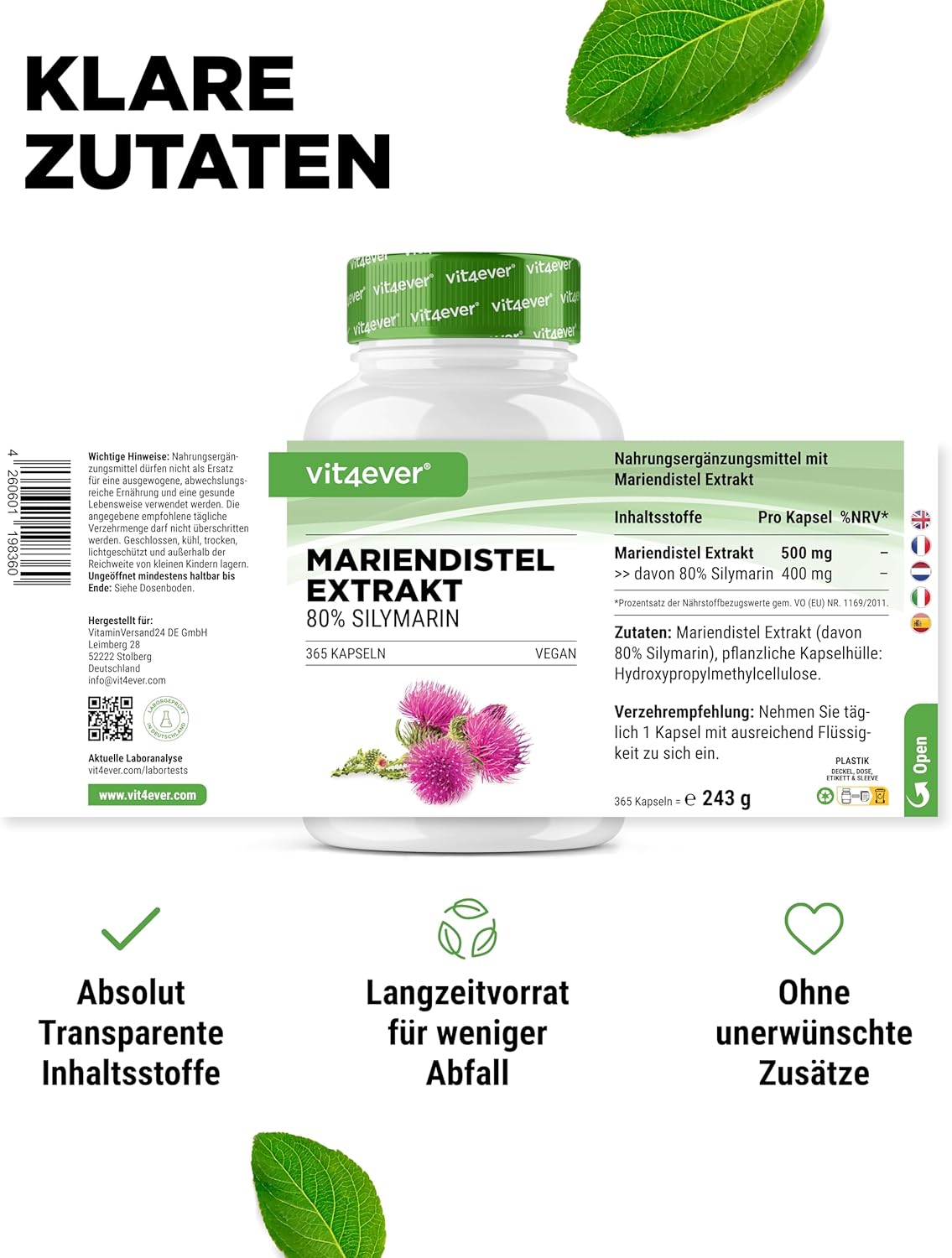 Thumbnail 4 de Vit4ever Mariendistel Extrakt 365 Kapseln – 500 mg pro Kapsel, 80% Silimarin, vegan, 12 Monate Vorrat