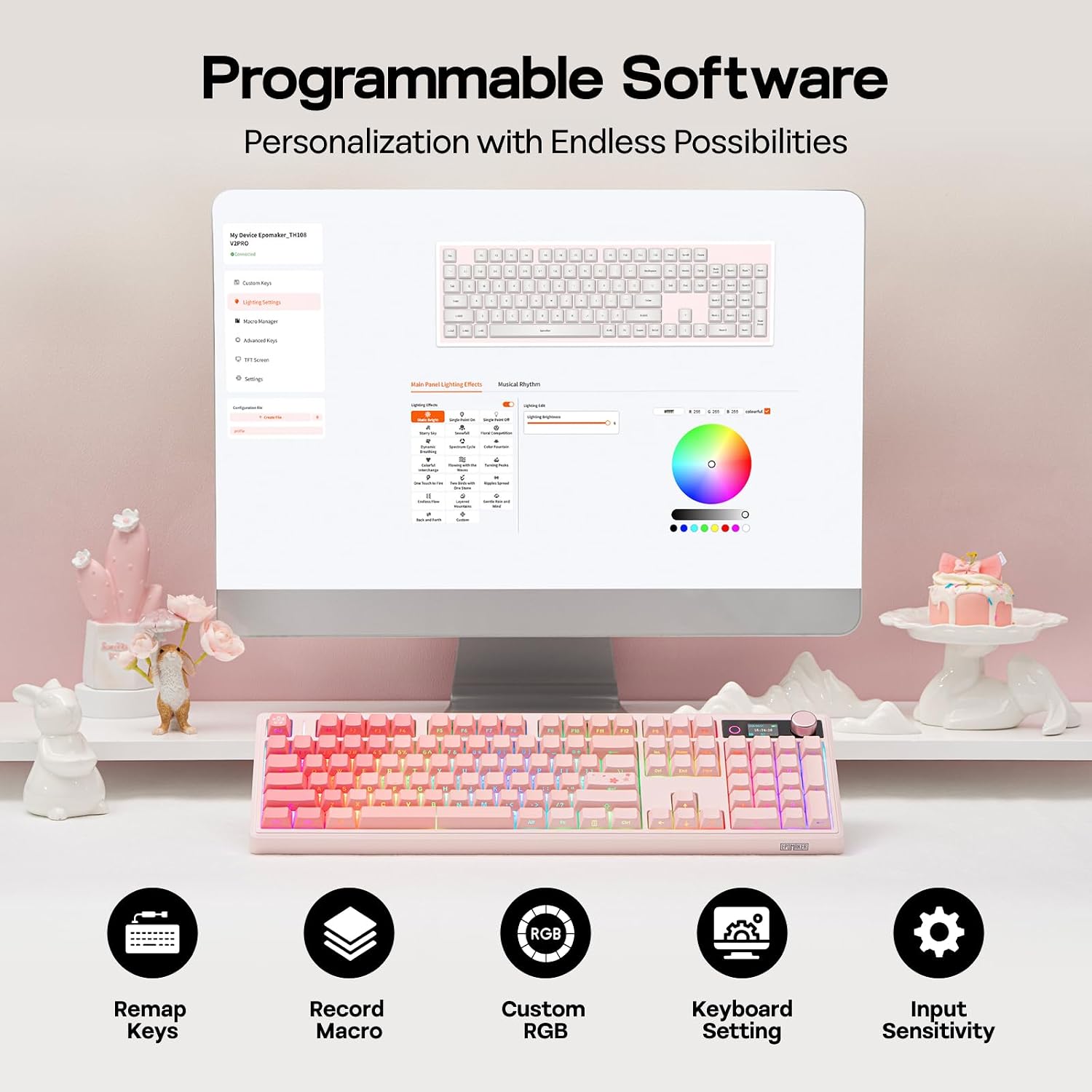 Thumbnail 6 de EPOMAKER TH108 V2 PRO: Full-Size Mechanical Keyboard with Screen & Knob (Pink, Creamy Jade)