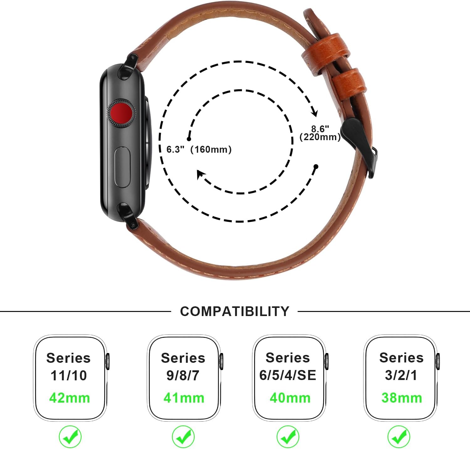 Thumbnail 4 de Anlinser Leather Apple Watch Strap 38–42mm (Brown) – Compatible with iWatch Series 1–11 and SE