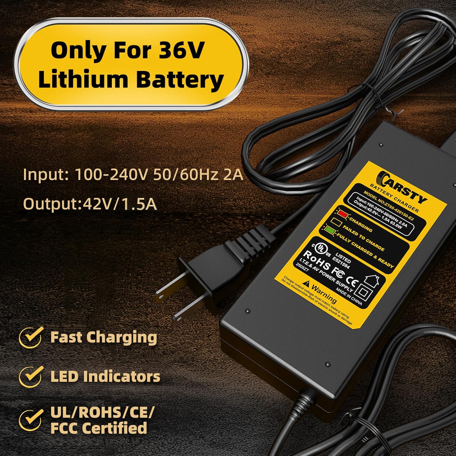 Detalle de Carsty UL-Certified 42V Hoverboard Charger with 5-in-1 Plugs (2A) for Jetson, Segway & Gotrax
