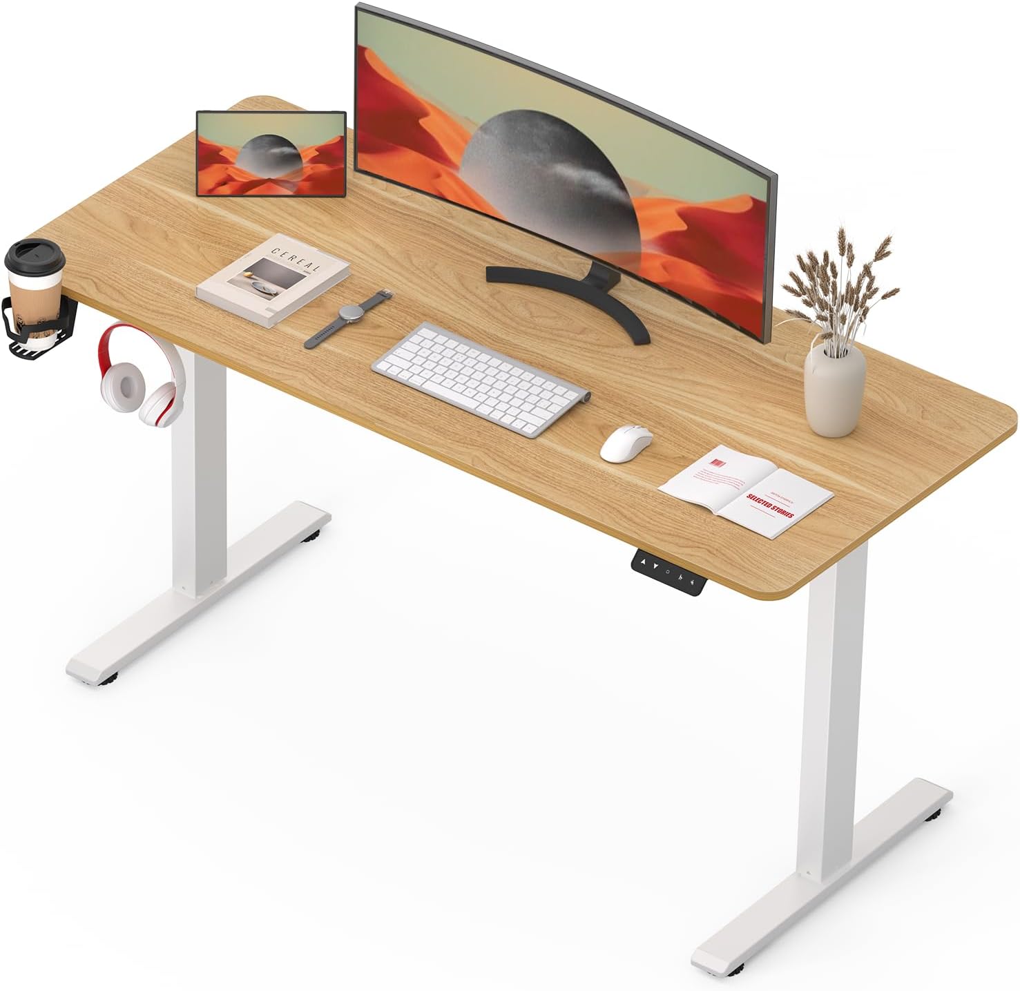 SANODESK Bureau Assis Debout Électrique – 110x54 cm, cadre blanc et plateau érable