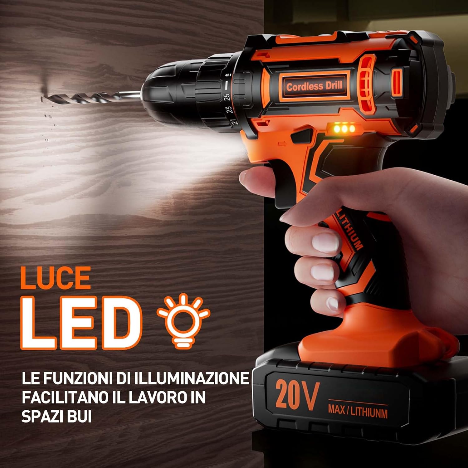 Detalle de Trapano Avvitatore a Batteria 20V con 2 Batterie 2.0Ah – Max 42Nm, 25+1 Coppia, LED e 24 Accessori