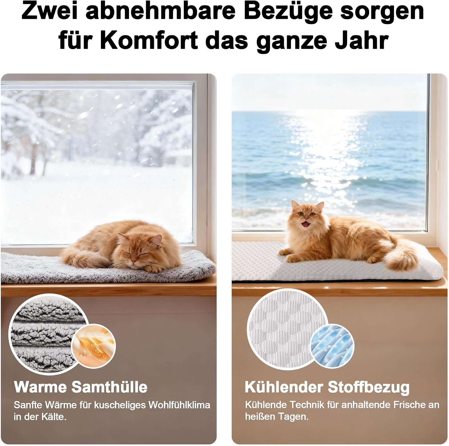 Detalle de Pet Prime Katzen Fensterbank Liegekissen – 90 x 28 cm, rutschfest, mit 2 Bezügen (Plüsch & Kühl-Seide), maschinenwaschbar
