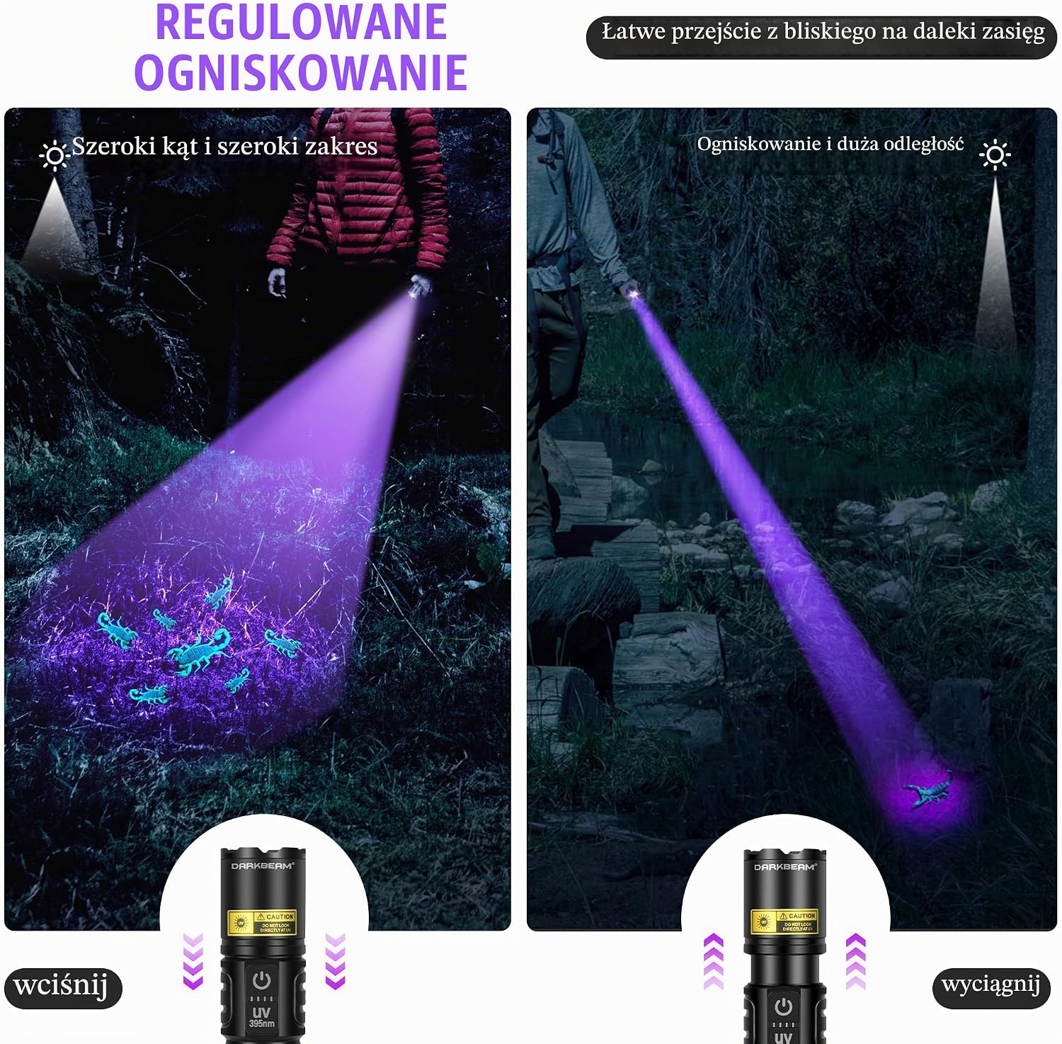 Detalle 2 de DARKBEAM A900 latarki LED i UV 395 nm, ładowane przez USB-C, zestaw 2 szt.
