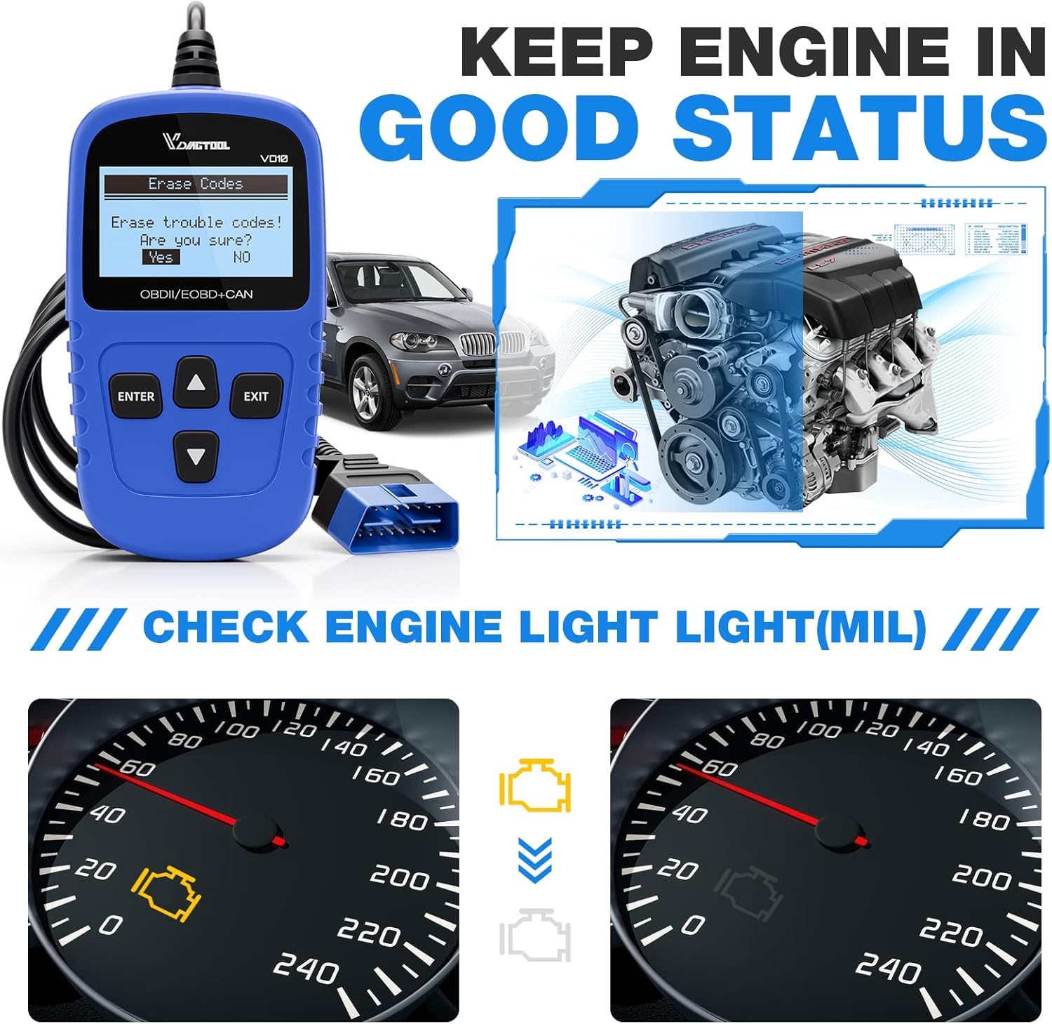 Detalle de VDIAGTOOL VD10 OBD2 Diagnosegerät – EOBD/OBD2 Scanner mit Live-Daten und I/M-Bereitschaft