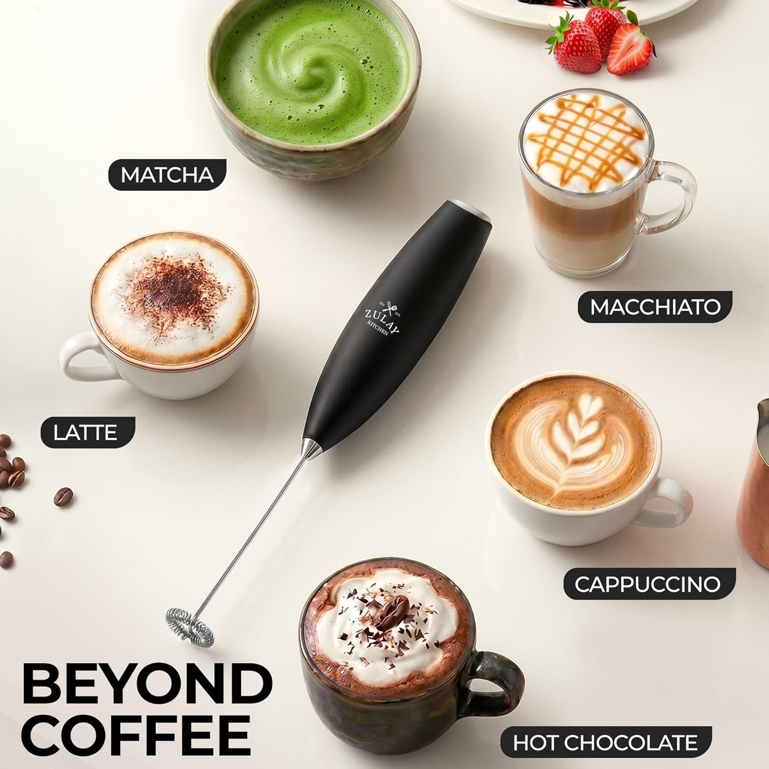 Detalle de Zulay Kitchen Milk Frother Handheld Electric Whisk (Black) – Compact, Durable Frother Wand for Lattes, Matcha, Protein Shakes